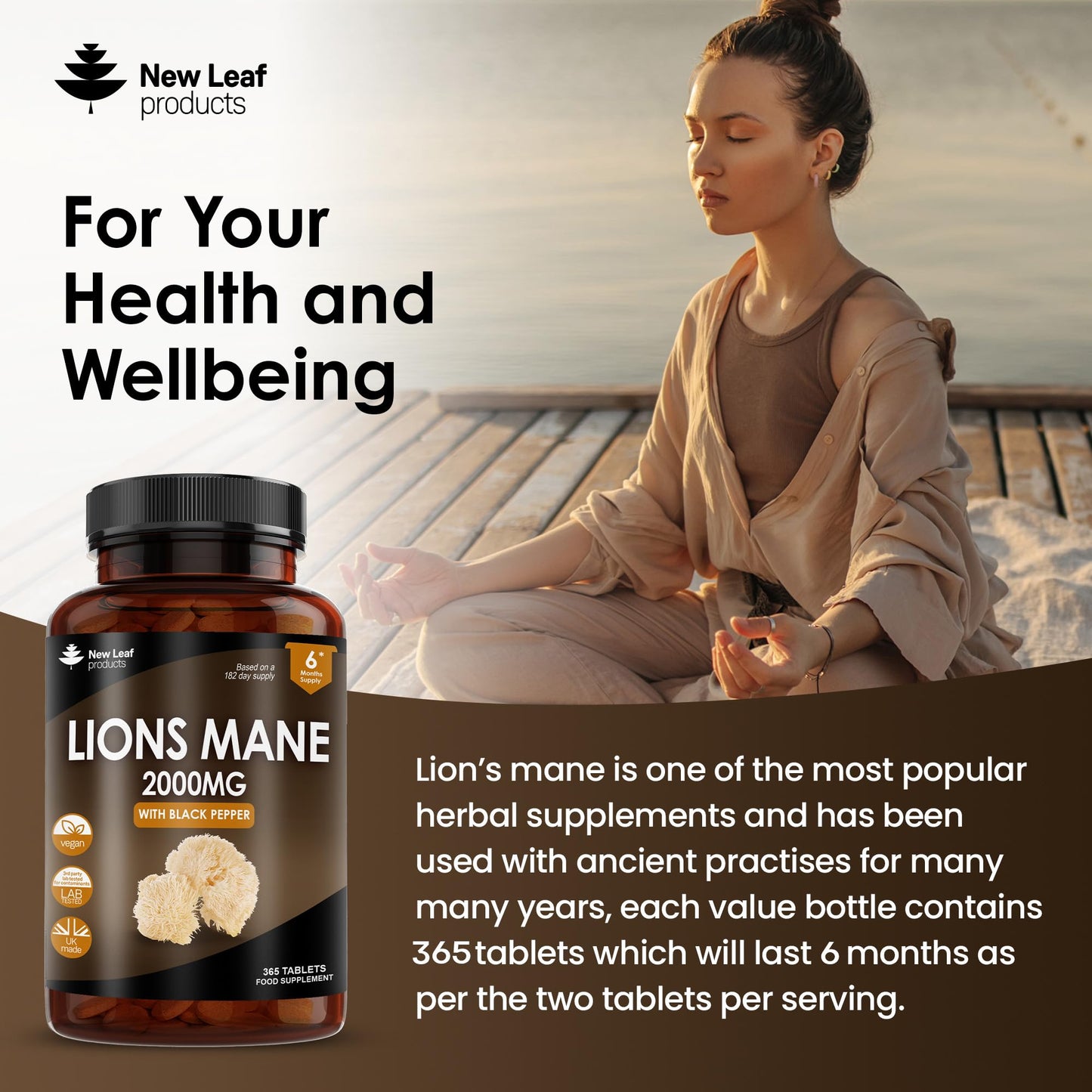 Lions Mane Mushroom 2000mg - 365 High Strength Vegan Tablets - Lion's Mane Supplement with Black Pepper - Lion's Mane Mushrooms Extract (Not Powder or Capsules) Made in The UK by New Leaf Products