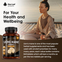 Lions Mane Mushroom 2000mg - 365 High Strength Vegan Tablets - Lion's Mane Supplement with Black Pepper - Lion's Mane Mushrooms Extract (Not Powder or Capsules) Made in The UK by New Leaf Products