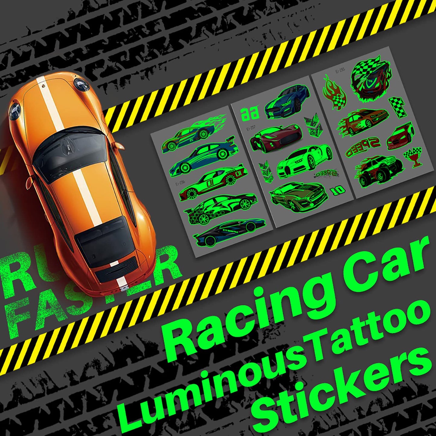 Deen Luminous Racing Car Kids Tattoos, 12 Sheets Glow In The Dark Temporary Tattoos for Boys, Birthday Party Favours