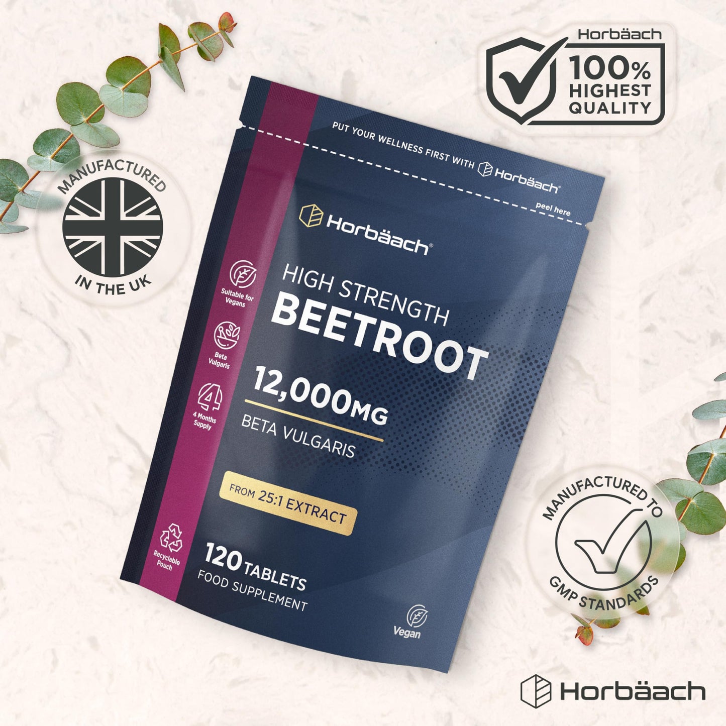 Horbäach Beetroot Tablets 12,000mg | 120 Tablets | High Strength 25:1 Beetroot Extract | Suitable for Vegans and Vegetarians | by Horbaach