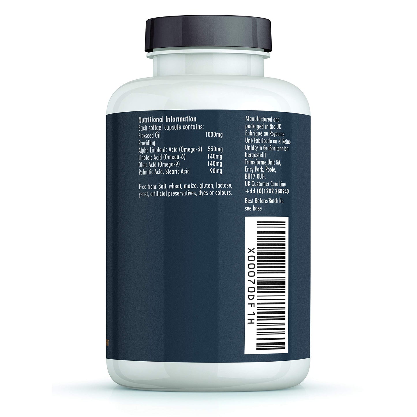 Transforme Flaxseed Oil Capsules 1000mg, Cold Pressed Omega 3 6 9, 180 Softgels, High in Alpha Linolenic, Linoleic & Oleic Acid, 2000mg Serving, Lactose & Gluten Free