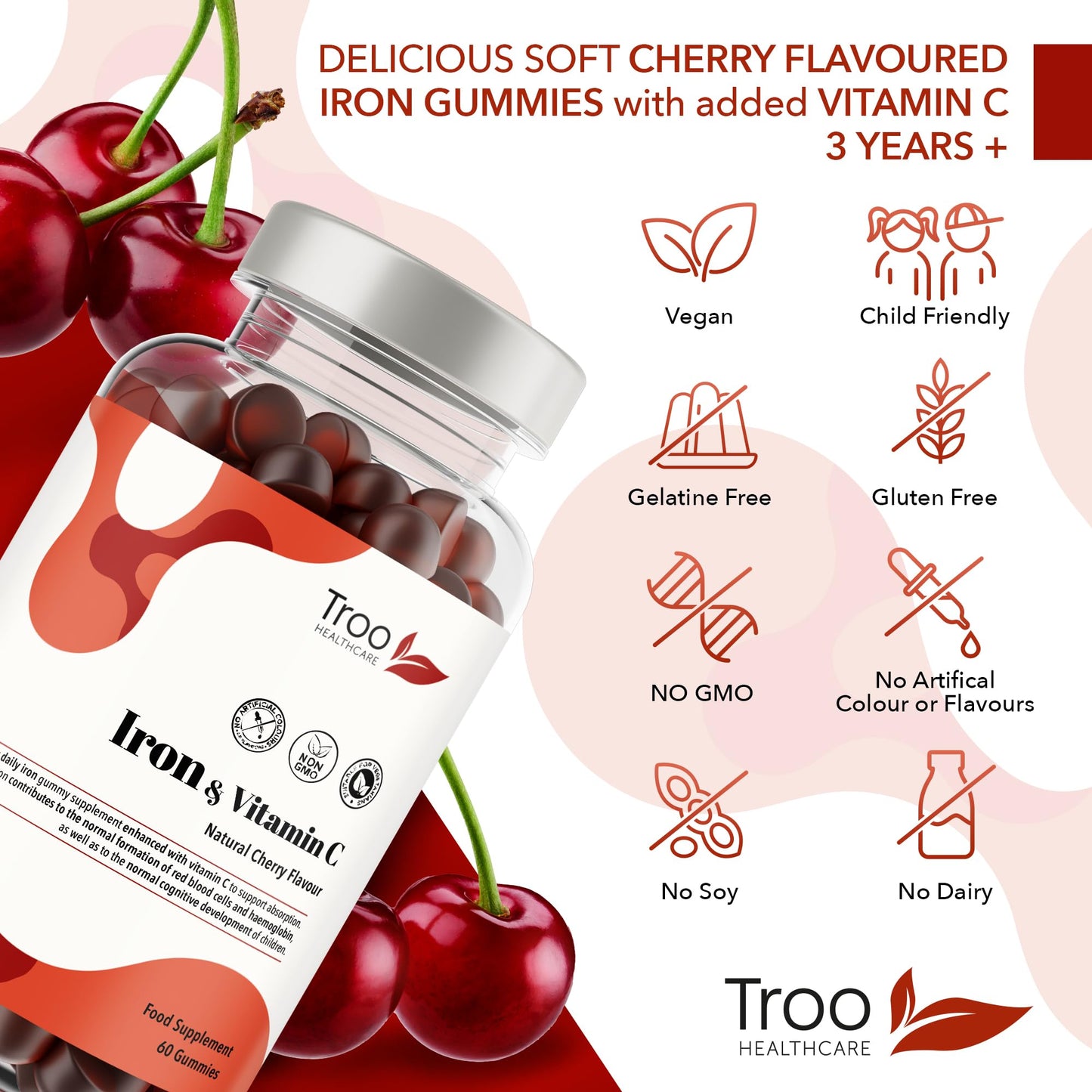 Troo Health Care Iron & Vitamin C - 60 Natural Cherry Flavour Gummies - Tasty Chewable Supplement for Men, Women and Kids - Increased Absorption Supports Cognitive Development & Red Blood Cell Formation