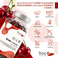 Troo Health Care Iron & Vitamin C - 60 Natural Cherry Flavour Gummies - Tasty Chewable Supplement for Men, Women and Kids - Increased Absorption Supports Cognitive Development & Red Blood Cell Formation
