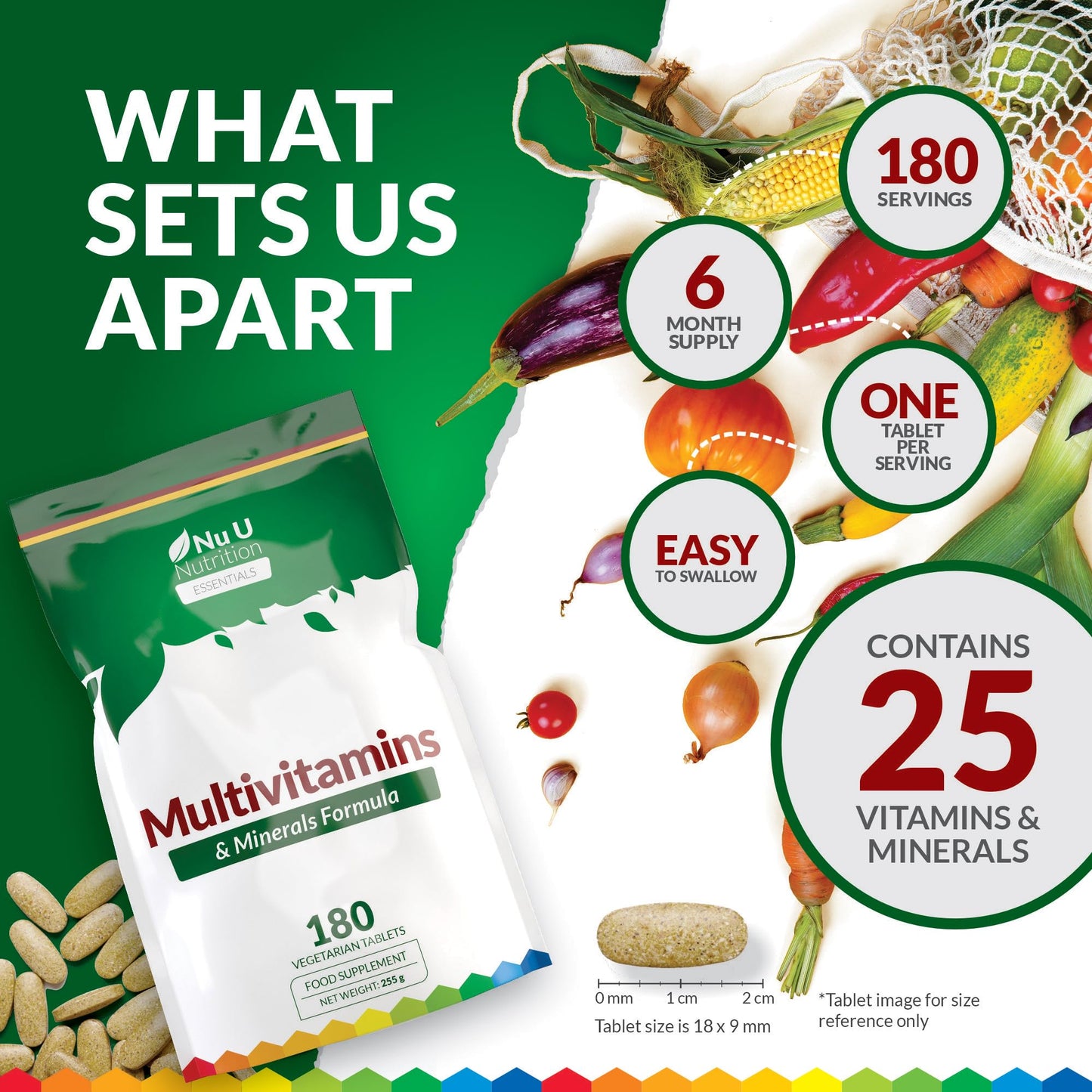 Multivitamin Tablets for Men & Women - 180 Tablets - 6 Month Supply - 25 A-Z Multivitamins & Minerals Including Iron, Zinc & Vitamin D - One a Day - Made in The UK - Nu U Nutrition