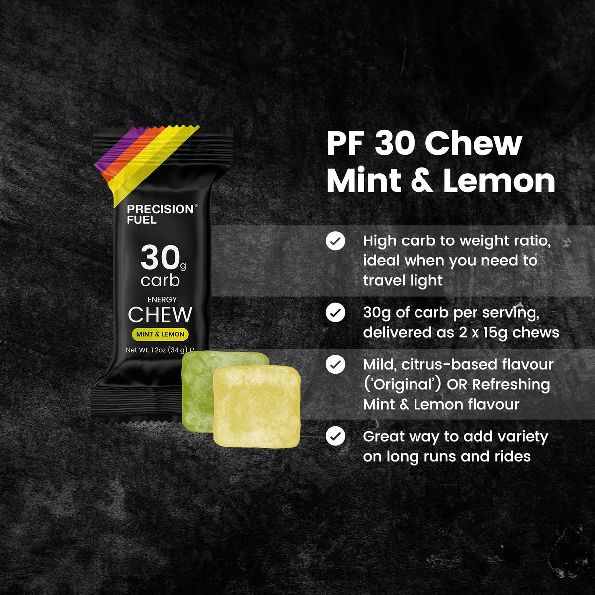 Precision Hydration Precision Fuel PF30 Energy Chews - Carb, Lightweight Snack for Endurance Sports, 30g Carbs per Serving, Ideal for Running & Cycling, No Artificial Ingredients - Mint & Lemon Flavour (15 x 34g Chews)