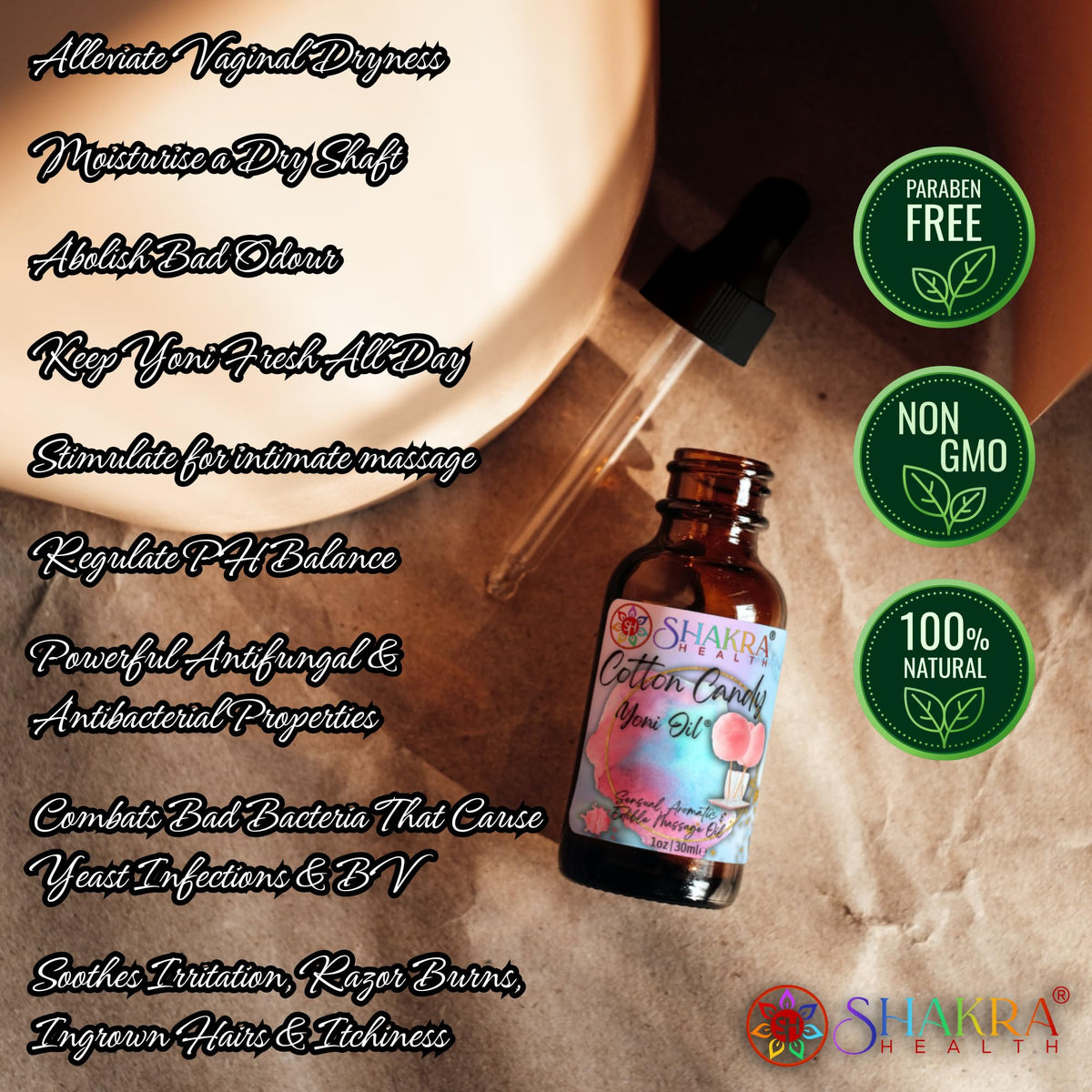 SH SHAKRA HEALTH Yoni Oil [Candy Floss] 30ml Body Massage Oil. Moisturise & Balance PH, Feminine Scent, Natural Hygeine & Fresh Smell *Organic Vegan*