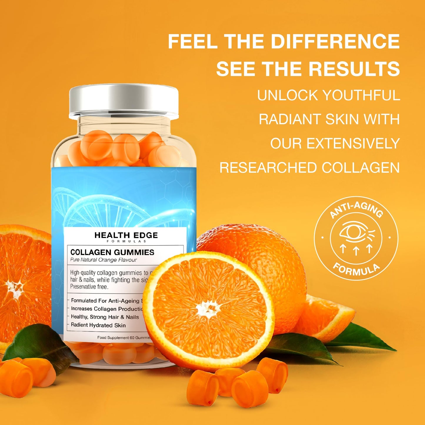 Health Edge Formulas Collagen Gummies - High Strength - for Skin, Hair, Nails, Bones, Muscles & Joints. Hydrolysed Collagen Peptides - Natural Orange Flavour, No Additives or Preservatives