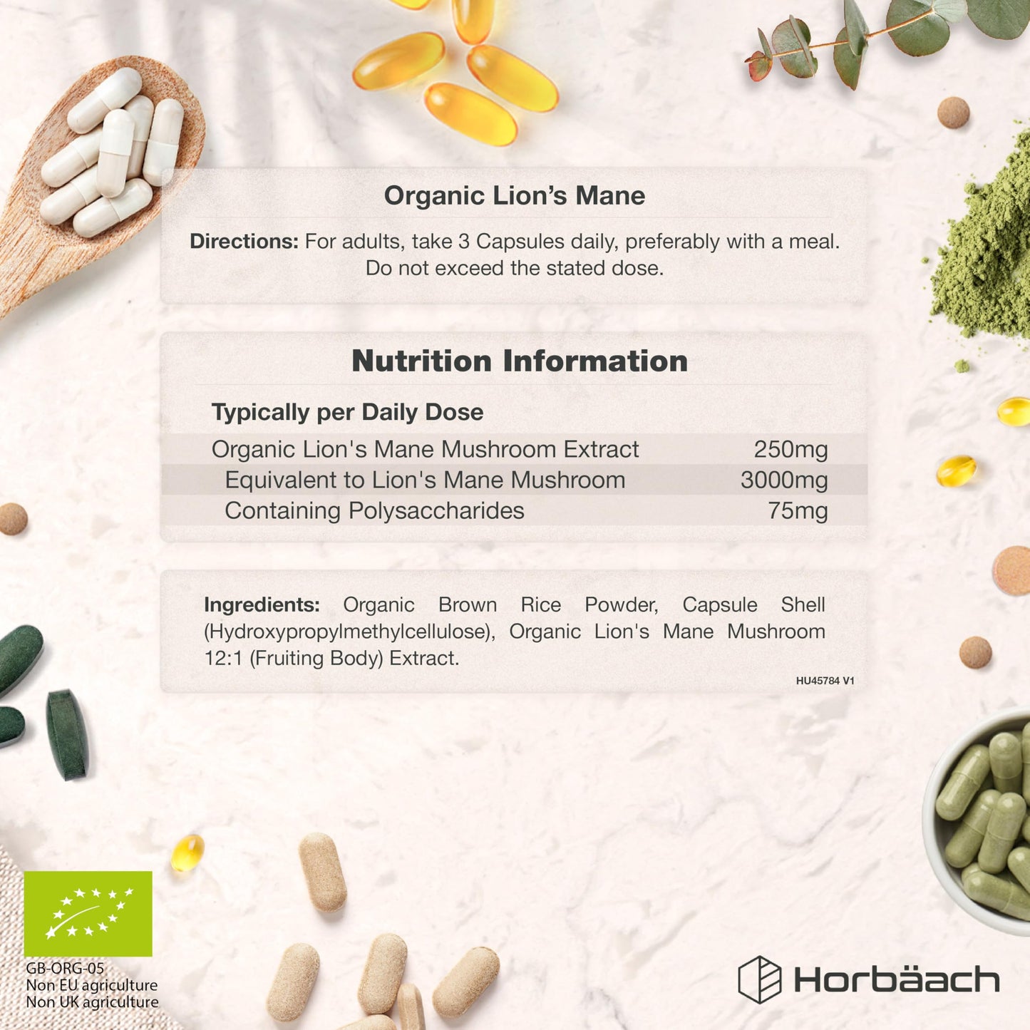Horbäach Organic Lions Mane Supplement 3000mg | High Strength | Certified Organic by The Soil Association | Mushroom Fruiting Bodies Extract | 120 Vegan Capsules | by Horbaach
