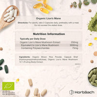 Horbäach Organic Lions Mane Supplement 3000mg | High Strength | Certified Organic by The Soil Association | Mushroom Fruiting Bodies Extract | 120 Vegan Capsules | by Horbaach