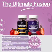 Healthier Options Ashwagandha KSM-66 and Lions Mane Gummies 4700mg | High Strength Ginkgo Biloba, Magnesium Glycinate, B6 & B12 | Ashwagandha Gummies 5% Withanolides | Stress, Focus, Memory & Energy | 6-in-1 60 Vegan