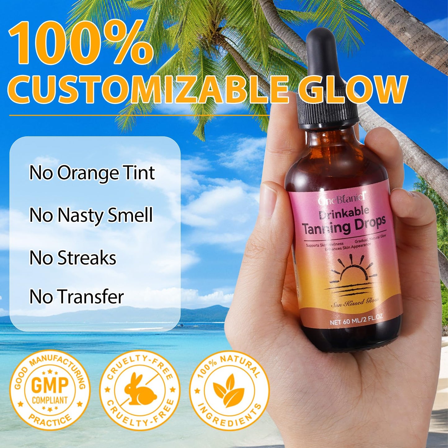 Bibonse Sunless Tanning Drops to Drink, Natural Drinkable Sunless Tanning Drops, Oral Self tanning drops Gradual Glow, Moisturizing Tanner for Face & Body, Tanning Supplement Naturally Boost Melannin, 60ml