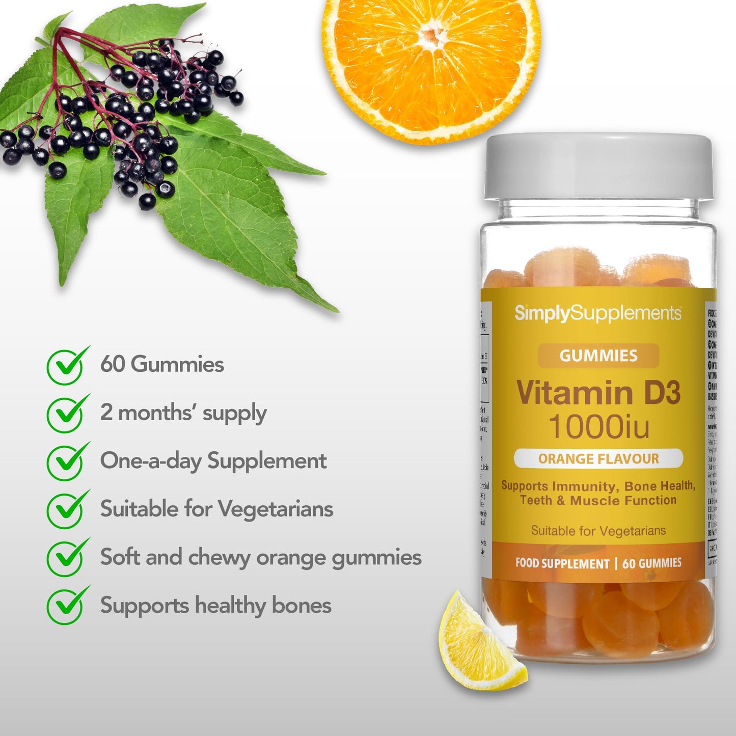 Vitamin D Gummies | 25mcg / 1000iu of Vitamin D3 | One a Day Supplement | Orange Flavour | 60 Gummies