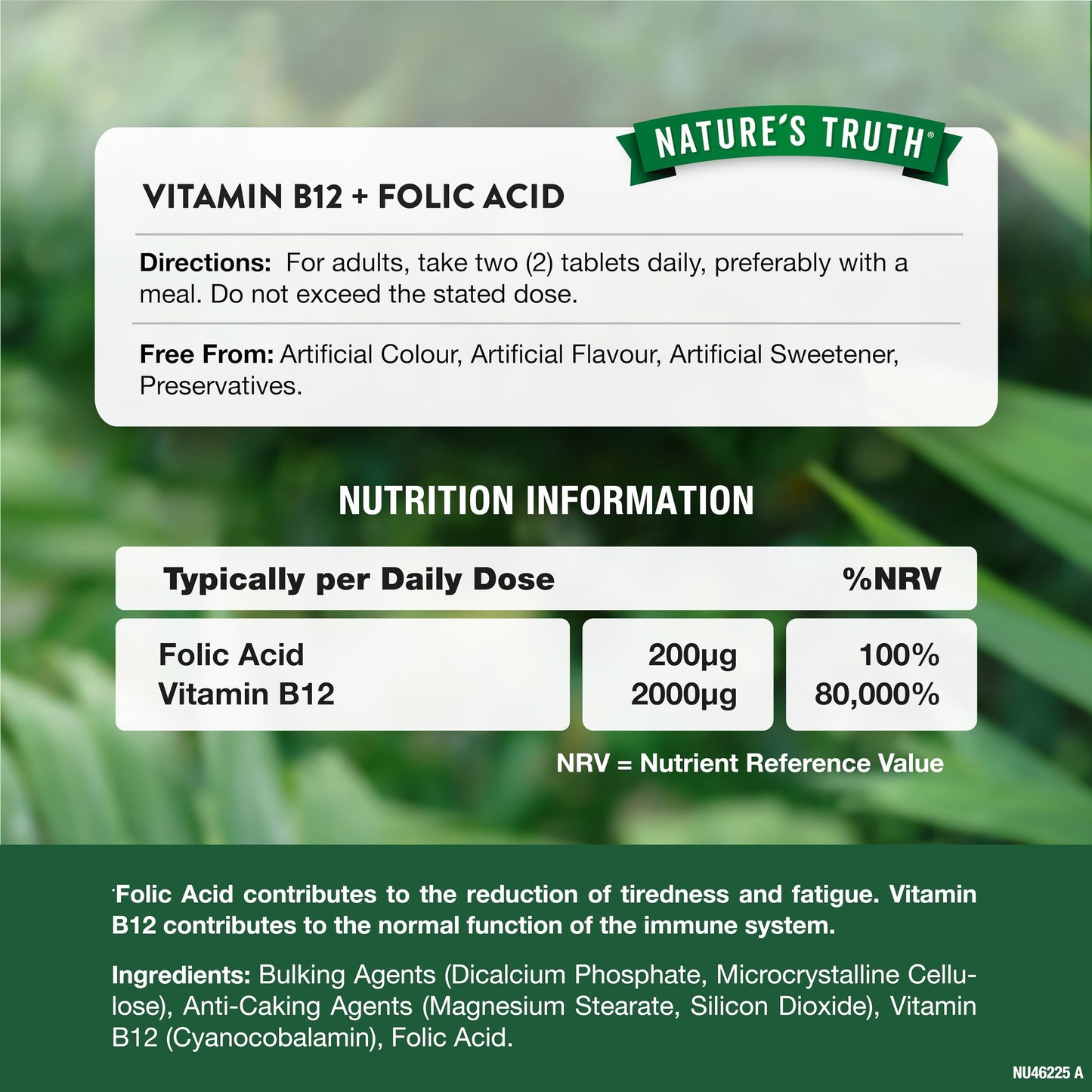 Nature's Truth Vitamin B12 with Folic Acid - 60 Vegan Tablets - Fatigue and Immune System Support