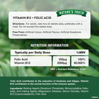 Nature's Truth Vitamin B12 with Folic Acid - 60 Vegan Tablets - Fatigue and Immune System Support