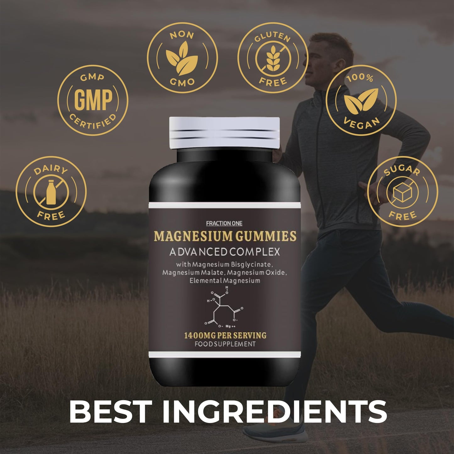 Fraction One Magnesium Gummies - 120 Gummies - 60 Servings - 2600MG PER Serving - Magnesium Citrate 1400mg - Magnesium Glycinate 250mg - Magnesium Malate 200mg - Magnesium Oxide 150mg - Elemental Mg 605.5 mg