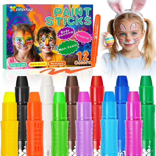 nsxsu Kids Face Paint Sticks 12 Colors, Washable Face Paint Pens for Children, Body Paint Crayons for Birthday Party, Mess Free Girls Boys Facepaint Kit Halloween Makeup