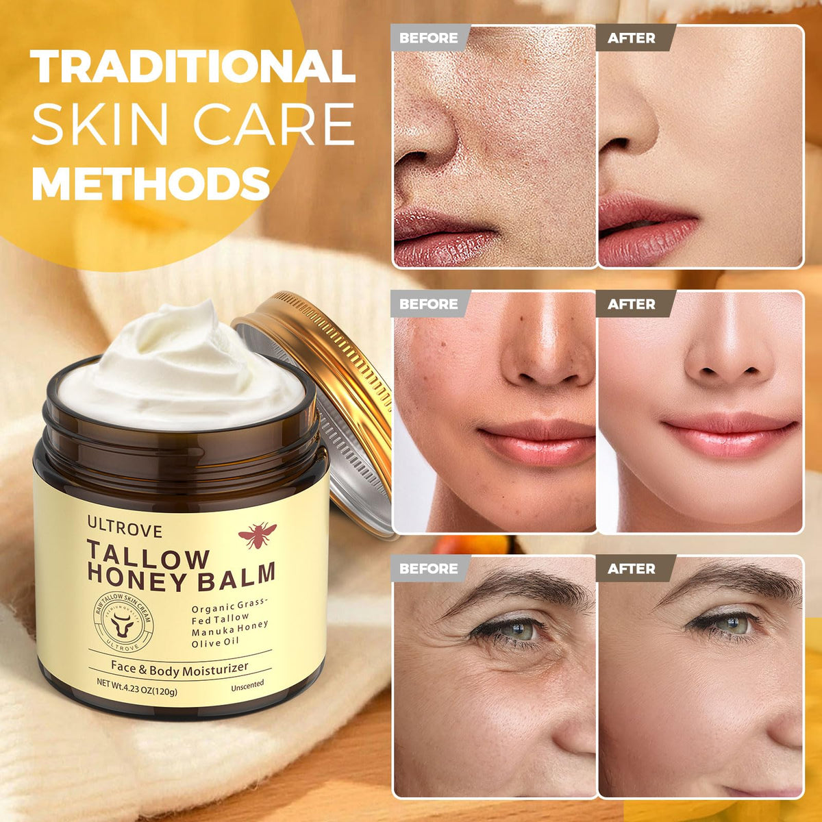 Ultrove ULTROVE Beef Tallow and Honey Balm for Skin, Natural Face + Body Moisturizer with Organic Grass-Fed Beef Tallow & Raw Wild Honey for Dry & Sensitive Skin, 4.23oz