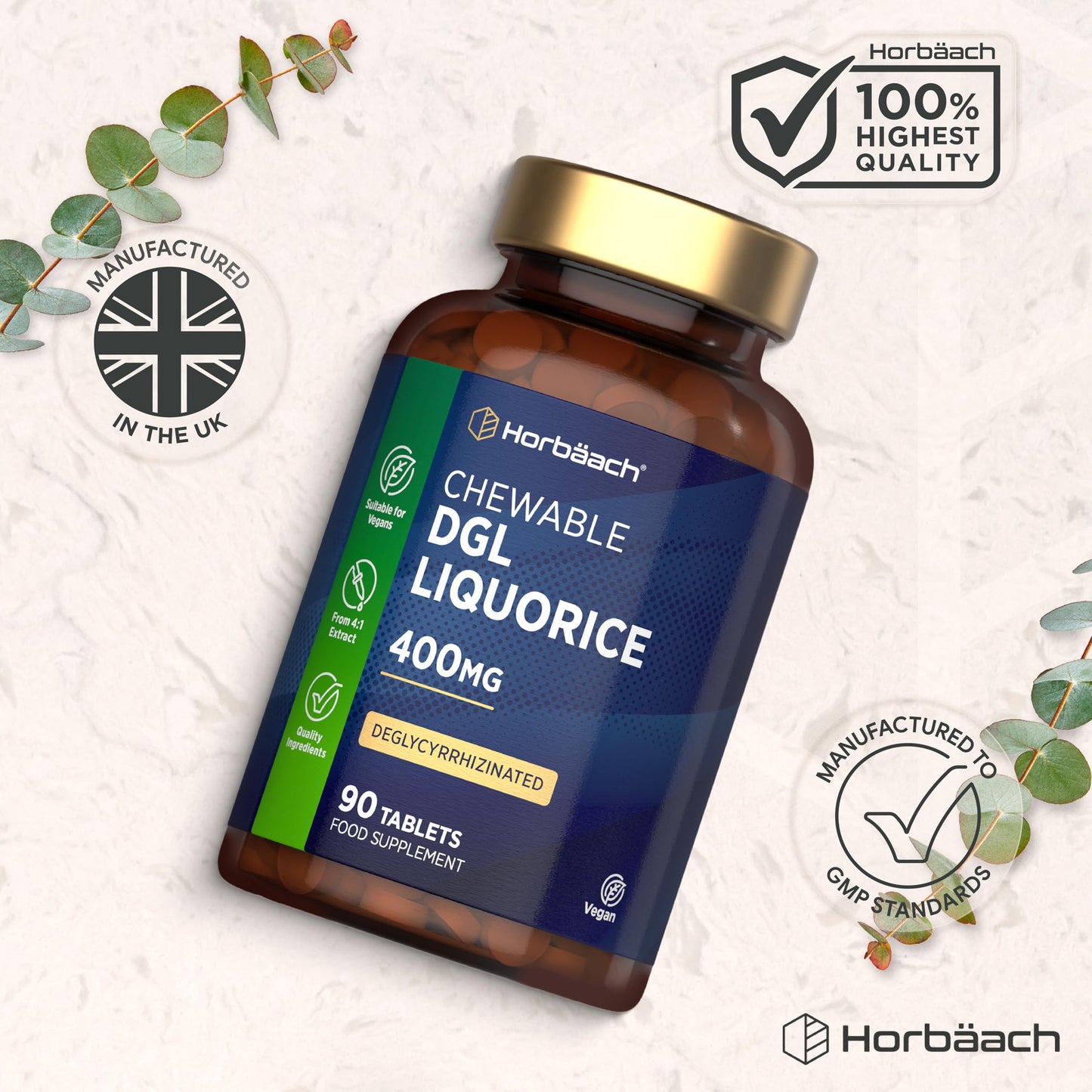 Horbäach DGL Licorice Root Tablets 400mg | Chewable Tablets | High Strength Liquorice Root Extract | 90 Count | Suitable for Vegetarians & Vegans | by Horbaach