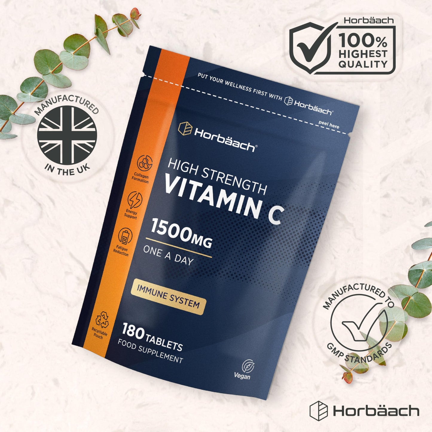 Horbäach Vitamin C Tablets 1500mg | 180 Count | High Strength Ascorbic Acid | Suitable for Vegetarians and Vegans | by Horbaach