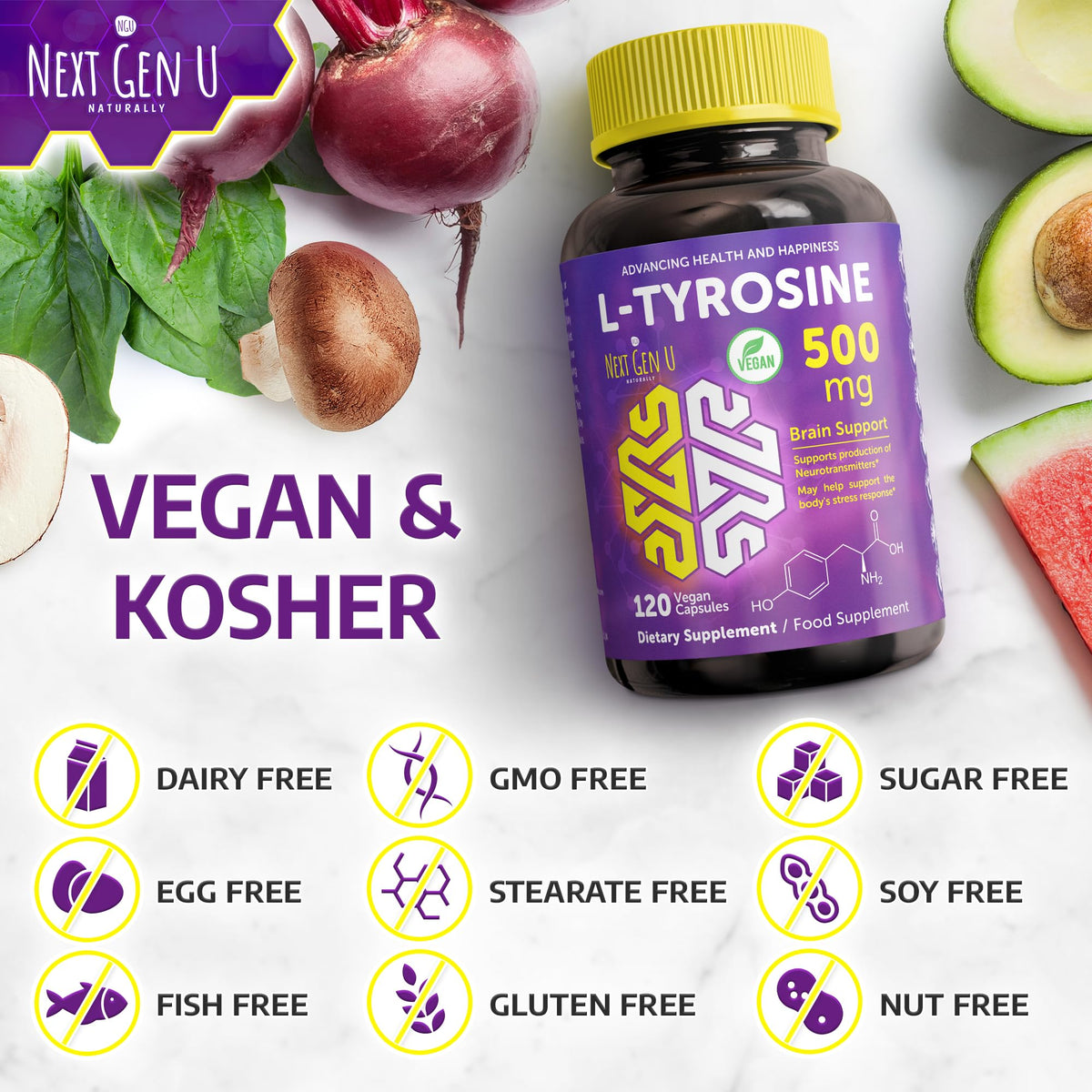 NGU Next Gen U L Tyrosine - 500 mg, 120 Vegan Capsules - Health Dietary and Food Supplement - Mood Support for Adults, Women and Men - Helps Support Healthy Brain Functions - by NextGenU