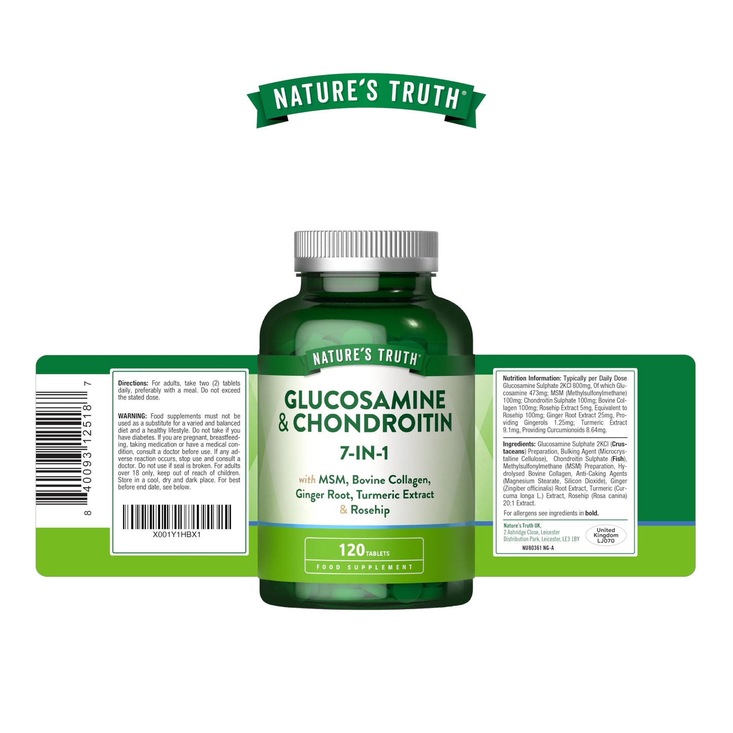 Glucosamine and Chondroitin High Strength 7-in-1 | 1200mg Complex with MSM, Bovine Collagen, Ginger Root, Turmeric Extract, and Rosehip | 120 Tablets | Nature's Truth