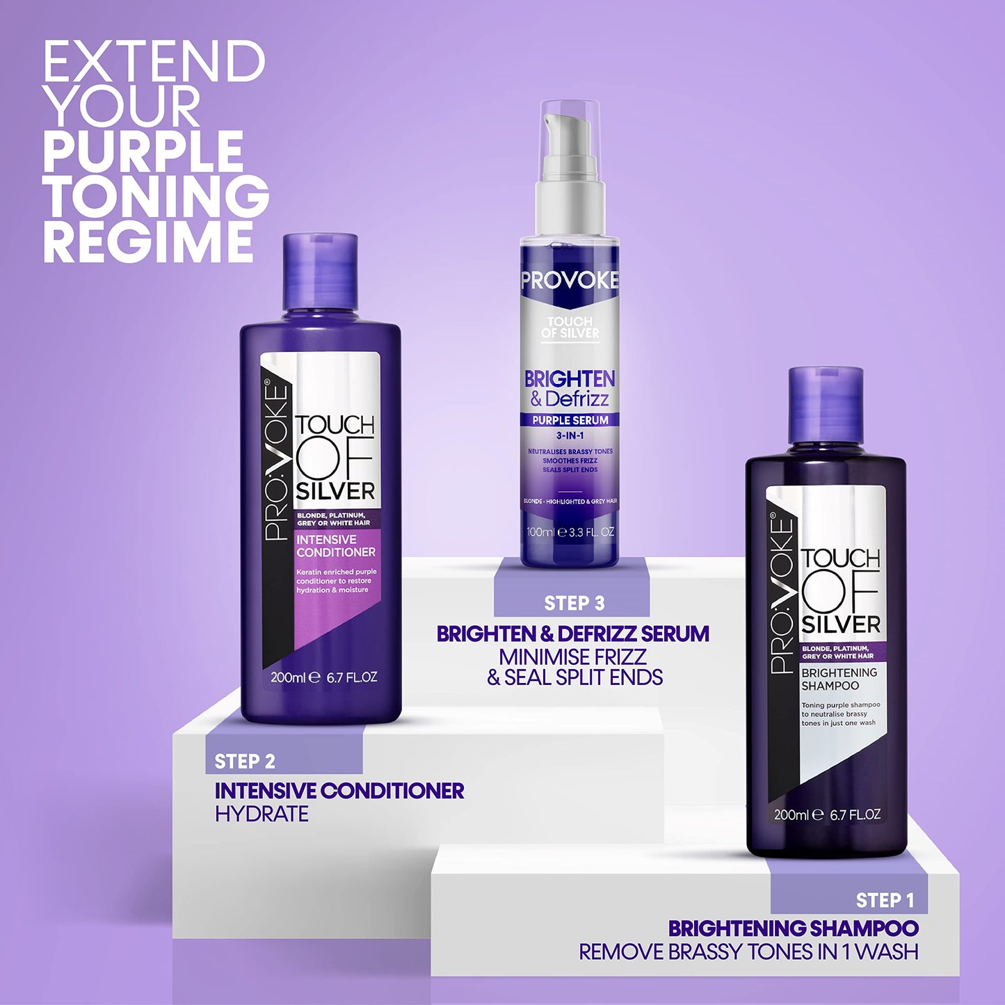 PROVOKE Touch of silver Brighten and Defrizz Purple Serum 100 ml. Neutralise Brassy Tones. Anti Frizz, Seal Split Ends. Plant-Based Keratin. Purple Pigments. For Blonde, Highlighted and Grey Hair