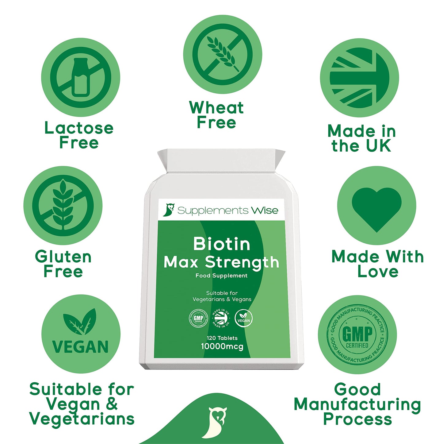 Supplements Wise Biotin Hair Growth Supplement- 120 X 10000mcg Biotin Tablets - Thicker Hair and Fuller Beard - Faster Nail Growth - Healthy Skin - For Men or Women - Max Strength Hair Vitamins - Vitamin B7 Supplement
