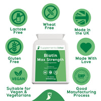 Supplements Wise Biotin Hair Growth Supplement- 120 X 10000mcg Biotin Tablets - Thicker Hair and Fuller Beard - Faster Nail Growth - Healthy Skin - For Men or Women - Max Strength Hair Vitamins - Vitamin B7 Supplement