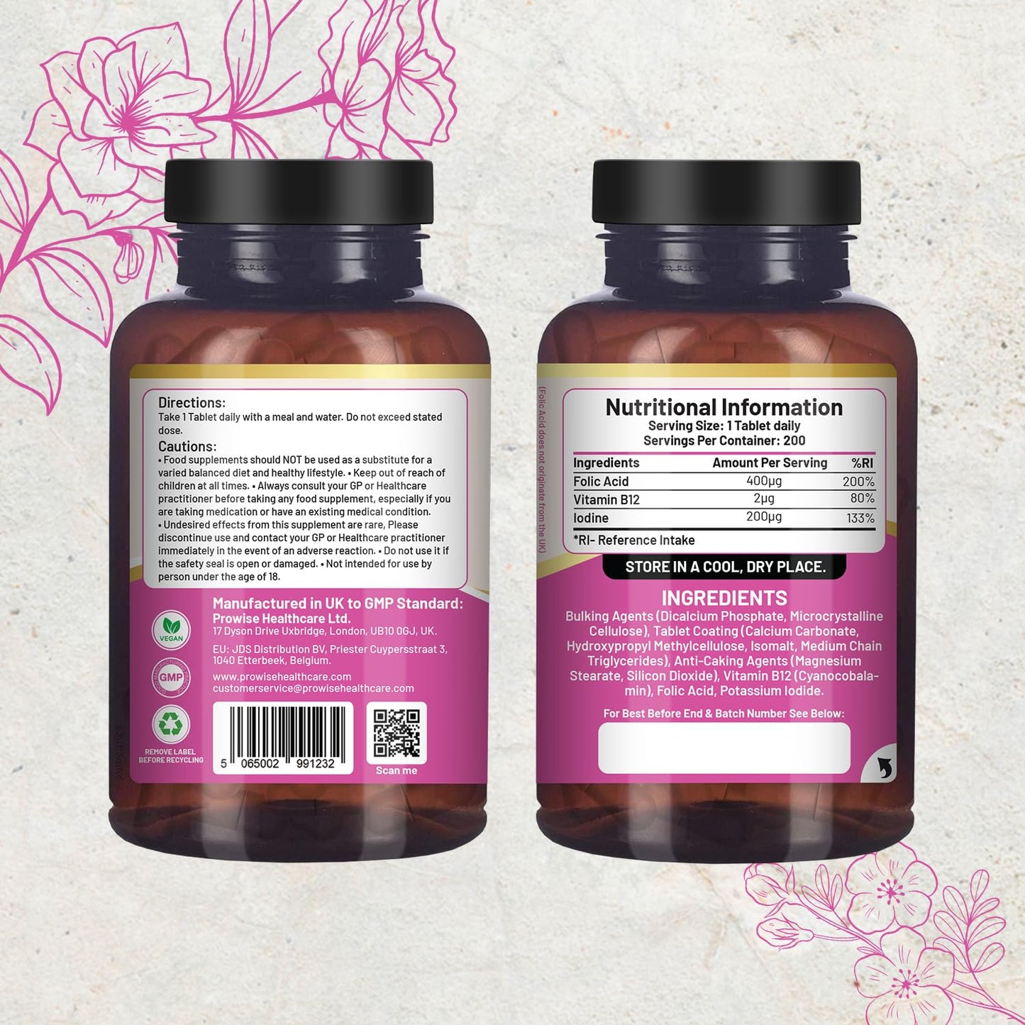 Folic Acid+ 400 mcg - Vegan Tablets with Vitamin B12 & Iodine | Vitamin B9 Tablets | Pregnancy Care Supplement - Supports Immune System & Maternal Tissue Growth | Made in UK by Prowise