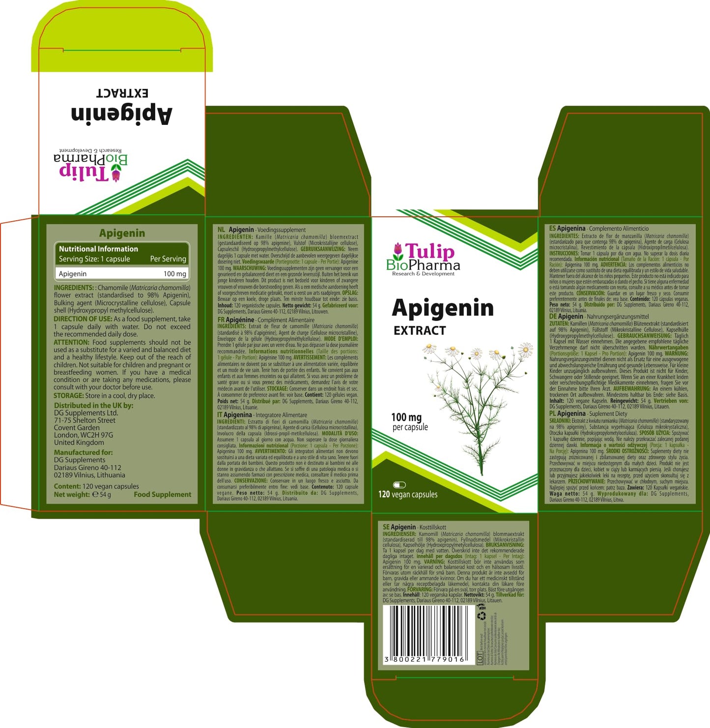 Tulip BioPharma Apigenin 100mg 120 Capsules, 3rd Party Lab Tested, High Strength Supplement, Gluten and GMO Free