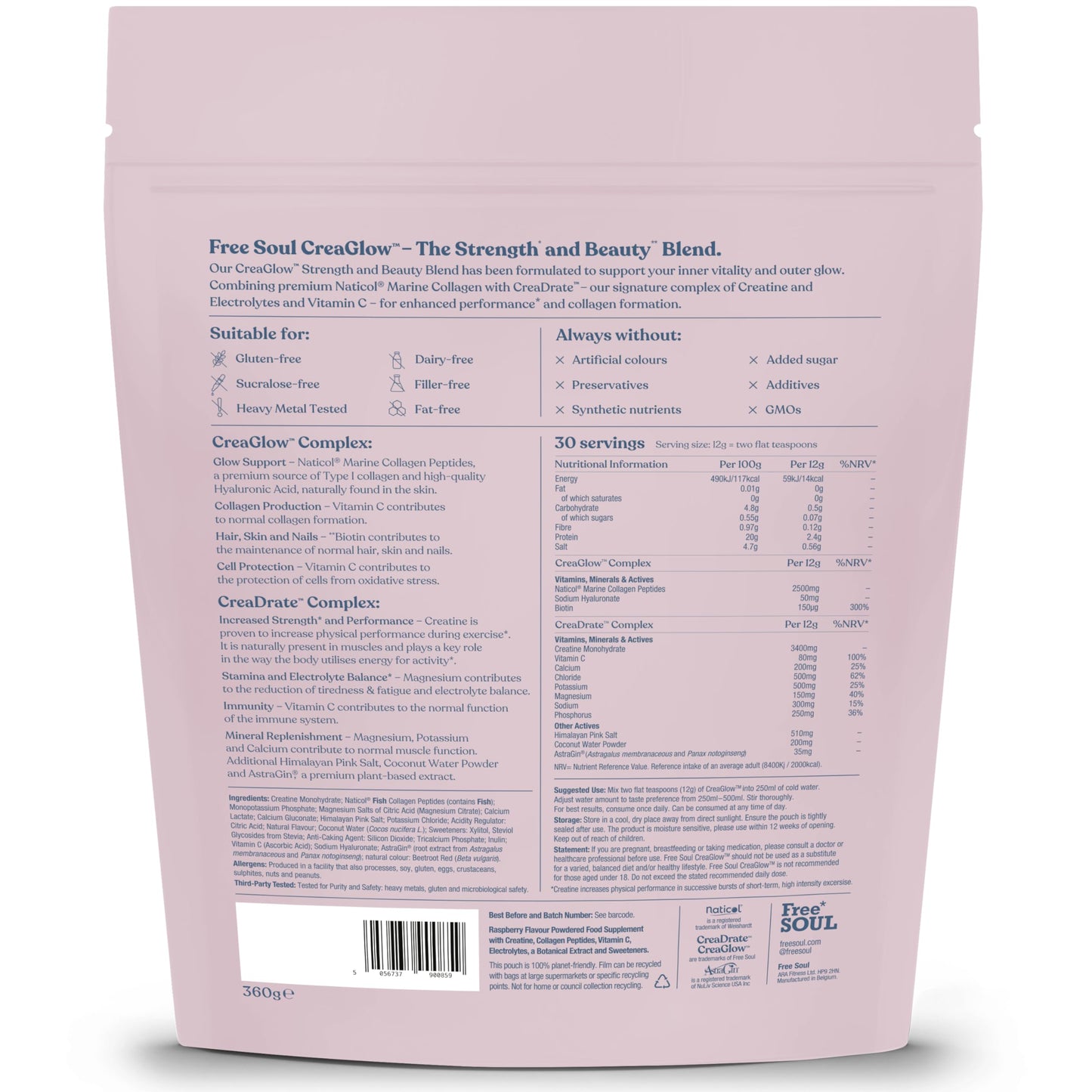 CreaGlow™ Naticol Marine Collagen + Creatine Monohydrate + Electrolytes Powder | Glow & Strength All in 1 with Magnesium, Vitamin C, Biotin & Hyaluronic Acid | Raspberry Flavoured | Free Soul