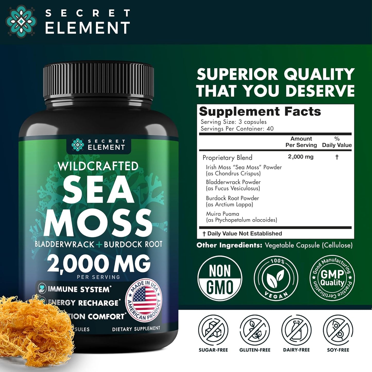 Secret Element Irish Sea Moss Advanced with Burdock Root, Bladderwrack & Muira Puama, 120 Caps