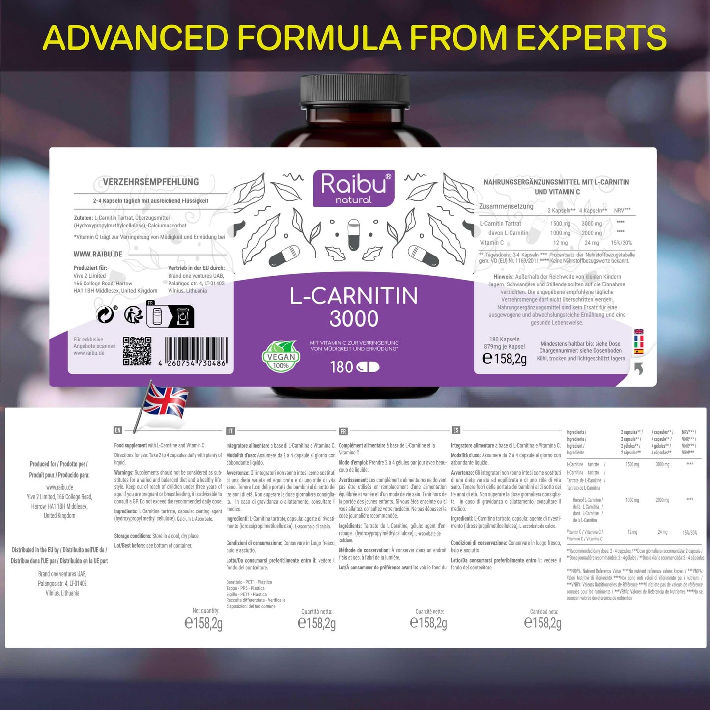 L-Carnitine 3000-180 High-Strength Capsules with Vitamin C - L-Carnitine Tartrate 3000mg per Daily Dose - Energy & Metabolism Support - Vegan, Natural & Laboratory Tested - Raibu