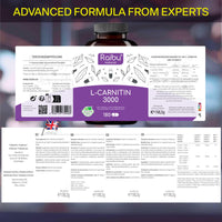 L-Carnitine 3000-180 High-Strength Capsules with Vitamin C - L-Carnitine Tartrate 3000mg per Daily Dose - Energy & Metabolism Support - Vegan, Natural & Laboratory Tested - Raibu