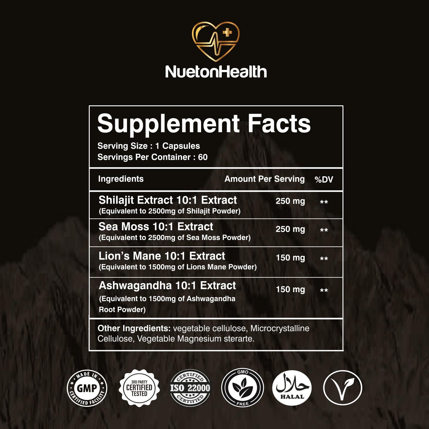 NUETONHEALTH Shilajit, Sea Moss, Lion's Mane, and Ashwagandha Capsules - Comprehensive All-in-One Wellness Supplement for Mind, Body, and Vitality - 60 Vegan Capsules by NuetonHealth UK