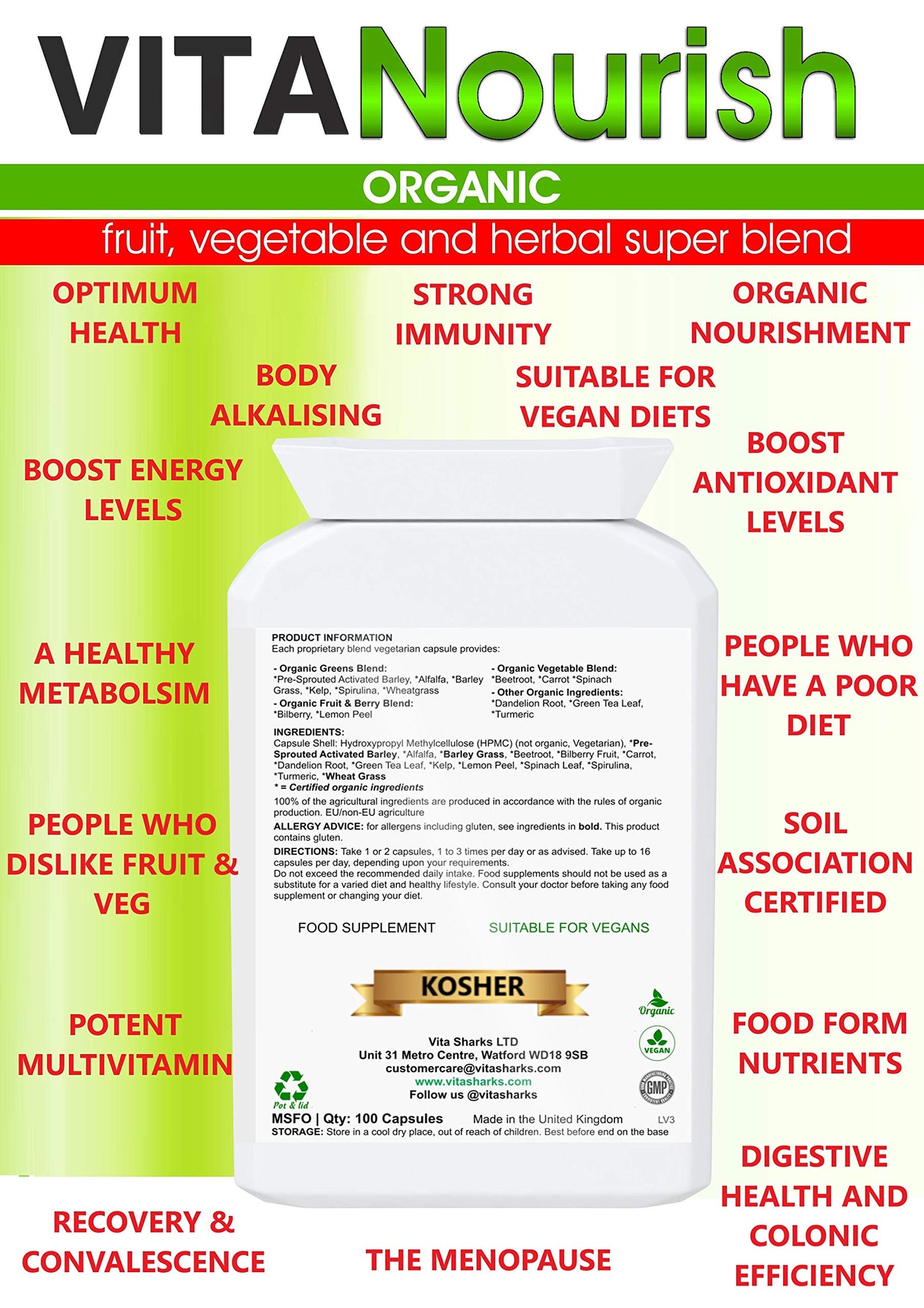 Vita Sharks VitaNourish Organic. Nutrient-Dense Potent Vegan Whole Food Supplement for Total Immunity. Essential Vitamins & Minerals from 100% Organic Kosher Fruit, Vegetable & Herbal Blend