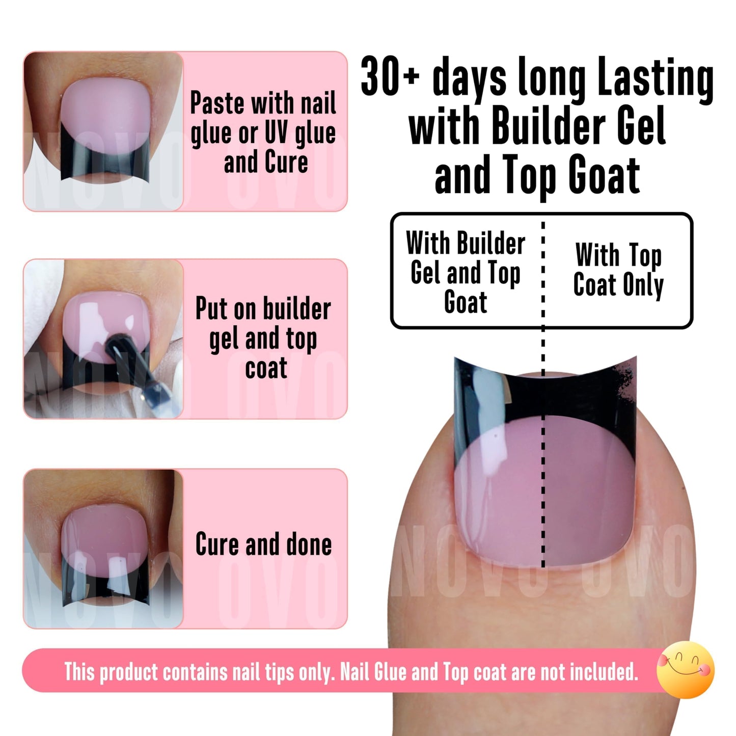NOVO OVO Short Toe Nail Tips Black French Tip Press on with Moon Curve, BERRY PINK Thick Sharp Square Toenail Extension, Soft Gel False Nail Kit, Need Builder Gel Top Coat, No Glue Included x15 Sizes 240 pcs