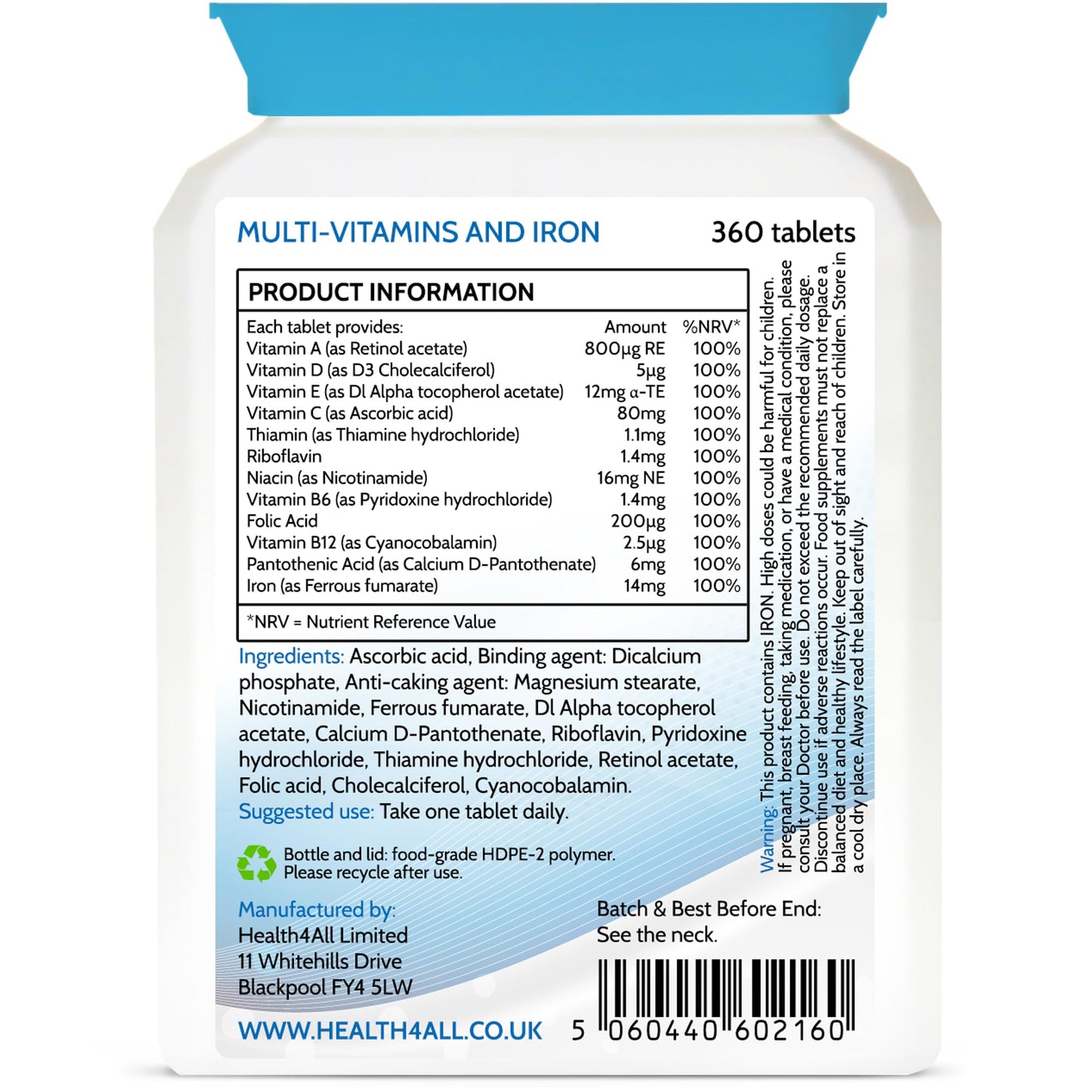 Health4All Multivitamins & Iron 360 Easy to Swallow Tablets, One a Day for Men & Women