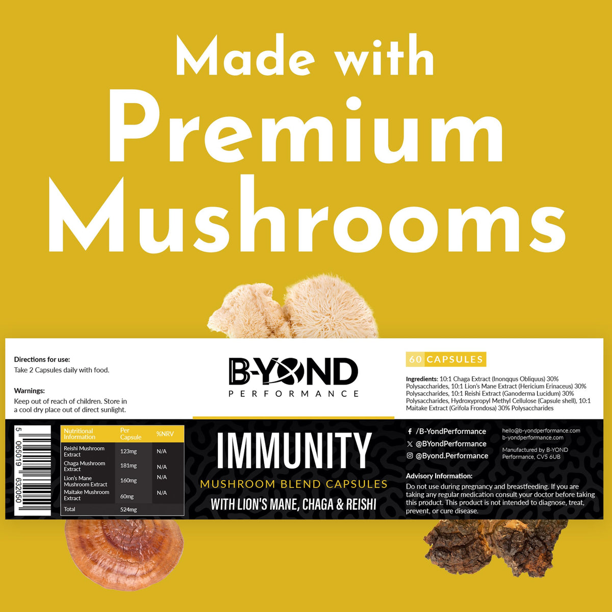 B-YOND Performance Mushroom Complex Supplements for Immune Support - Premium Lion’s Mane Mushroom Supplement Capsules with Chaga, Maitake & Reishi Mushroom - Supplement for Women & Men by B-Yond Performance, 60 Capsules