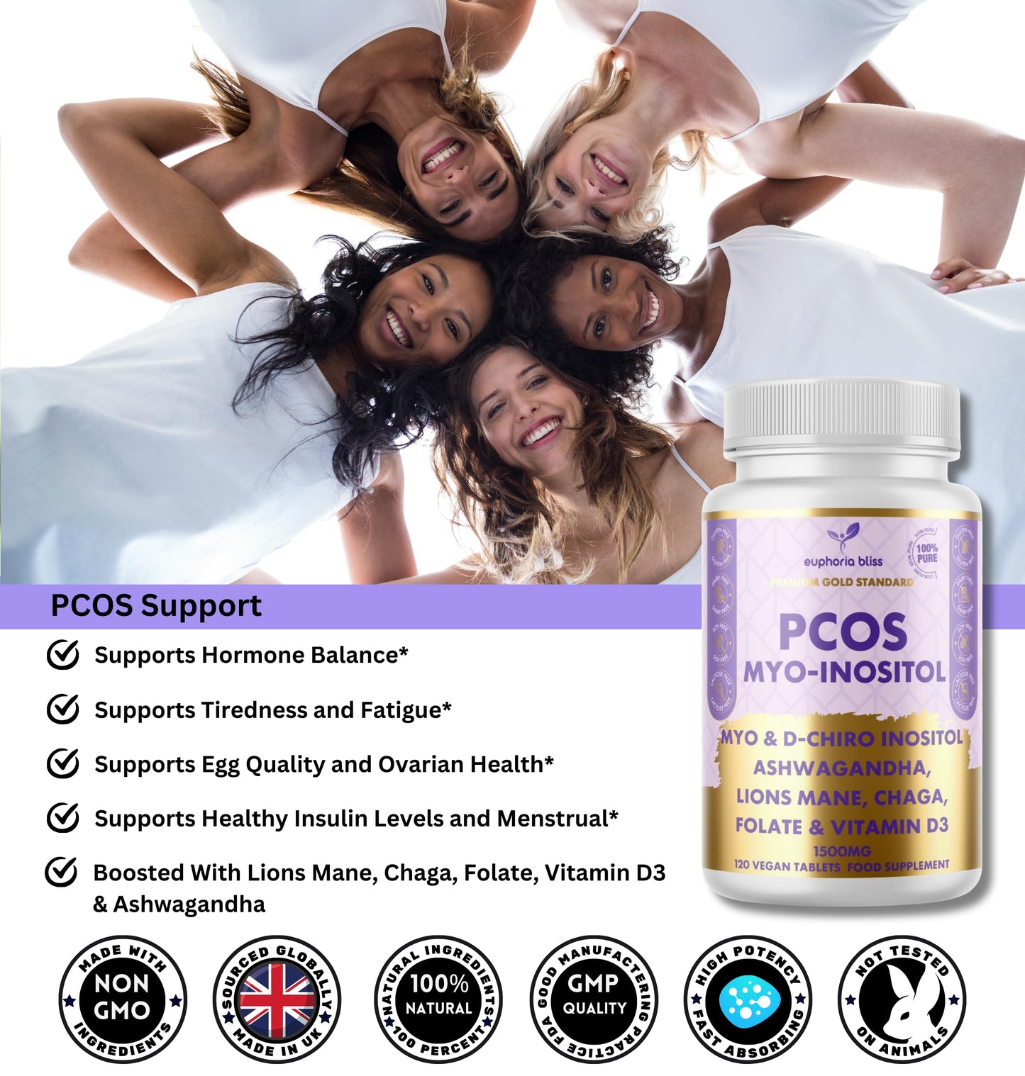 Euphoria Bliss Myo-Inositol & D-Chiro Inositol Blend Capsule, Vitamin D3, Lions, Chaga, Ashwagandha, Folate, PCOS Support Supplement, Hormonal Balance, Healthy Ovarian Function Support for Women, 120 Caps