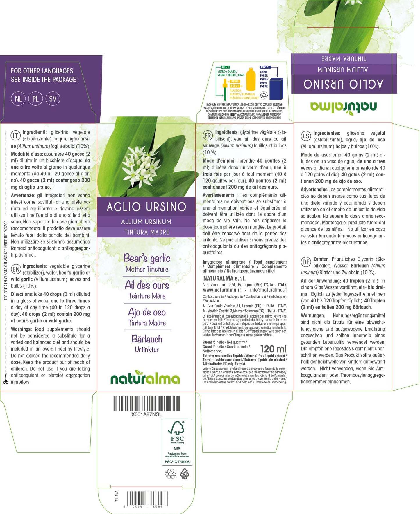 Bear's Garlic or Wild Garlic (Allium ursinum) Leaves and Bulbs Alcohol-Free Mother Tincture Naturalma | Liquid Extract Drops 120 ml | Food Supplement | Vegan