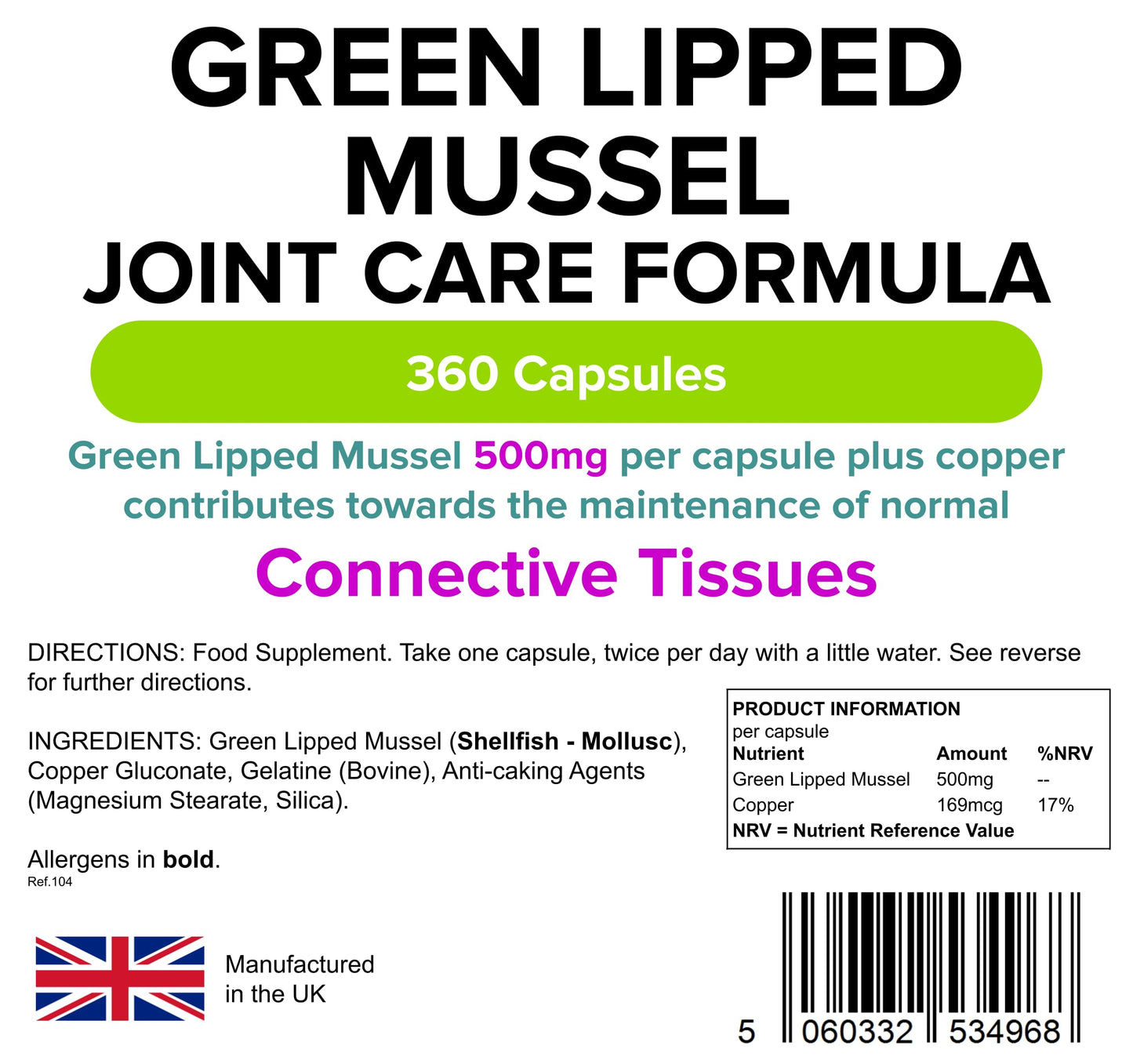 Lindens Green Lipped Mussel 500mg Capsules - 360 Pack - Joint Care Formula in Convenient, Rapid Release Capsules - UK Manufacturer, Letterbox Friendly Beige