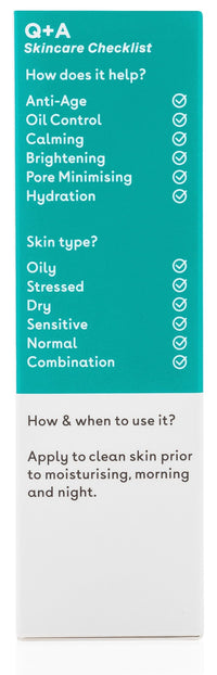 Q+A Niacinamide Serum, a signature blend of Pineapple, Passionfruit, Peach, Goji Berry, and Cantaloupe Melon, rich in antioxidants, protects the skin whilst hydrating and balancing, 30ml