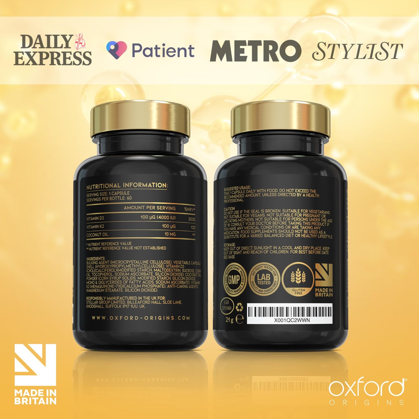 Oxford Organics Vitamin D3 K2 Capsules - 4000 IU Vitamin D & 100mcg Vitamin K MK7 - Boosted with Coconut MCTs for Absorption | High Strength Vitamin D and K2 Capsules | UK Made & Vegetarian