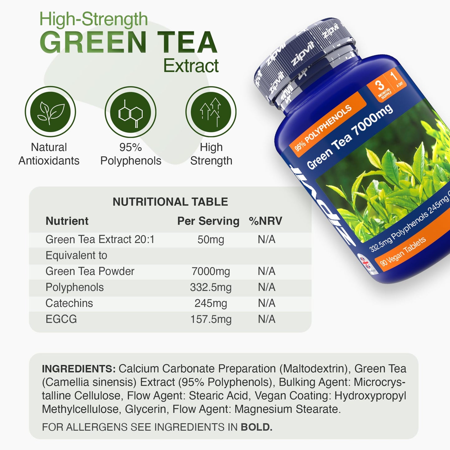 Zipvit Green Tea Extract 7000mg Antioxidant, 95% Polyphenols. 90 Vegan Green Tea Tablets. 3 Months Supply.