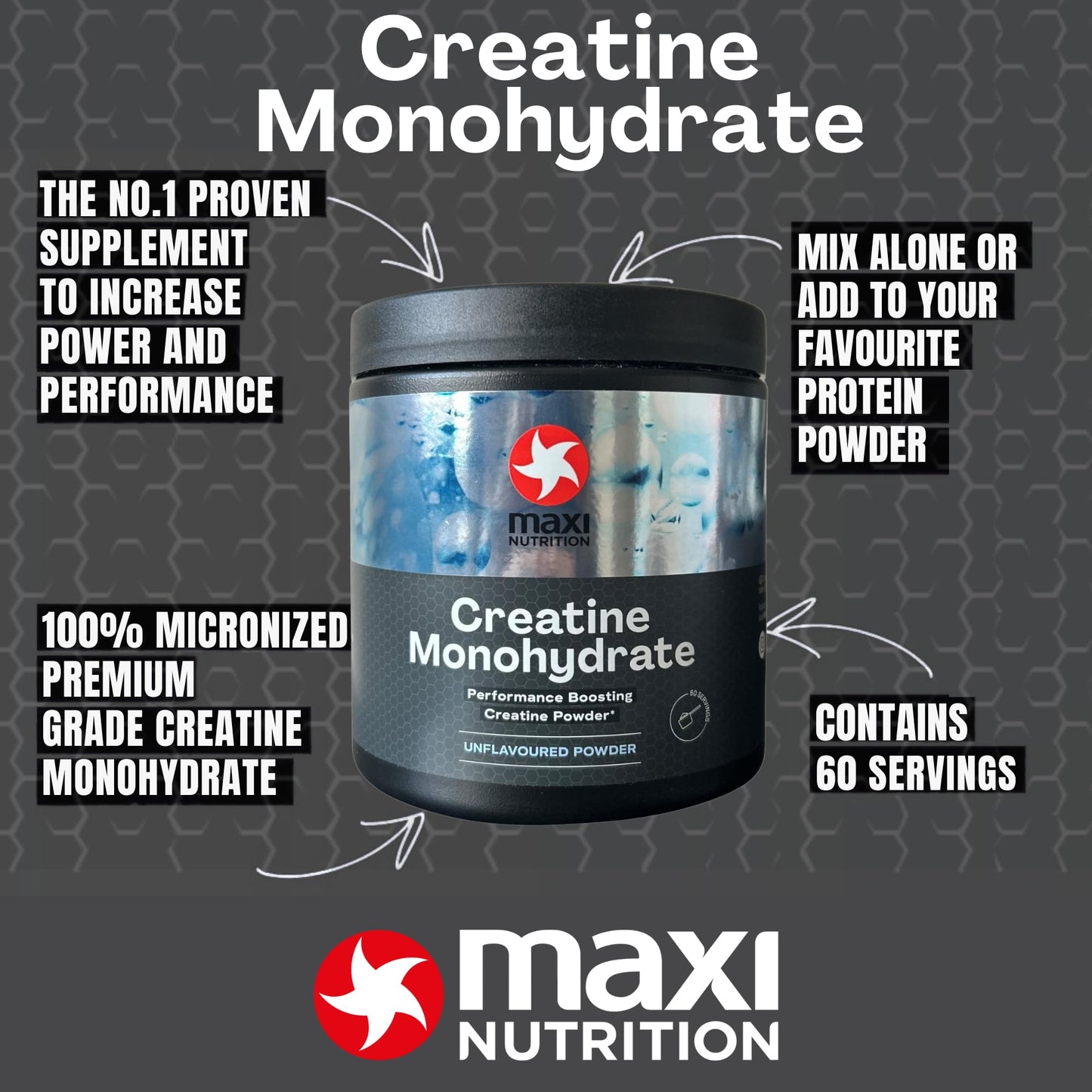 MaxiNutrition Creatine | Performance Boosting Creatine Monohydrate Powder | Unflavoured, 300g - 60 Servings
