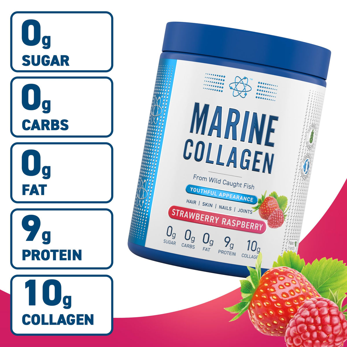 Applied Nutrition Marine Collagen Powder - Hydrolysed Collagen Protein, Healthy Skin, Hair, Nails (Strawberry & Raspberry) (300g - 25 Servings)