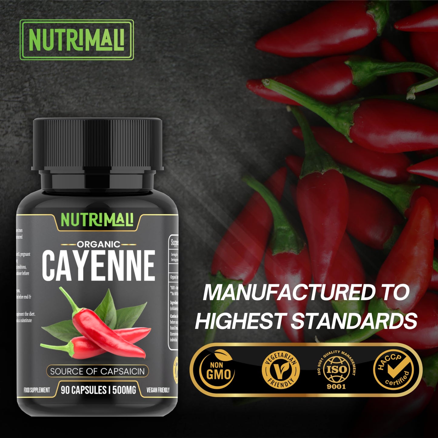 NutriMali Cayenne Pepper Organic - 90 Vegan Capsules | High Strength Up to 1500mg | Natural Herbal Supplement | Zero Fillers 100% Natural & Eco Friendly Packaging