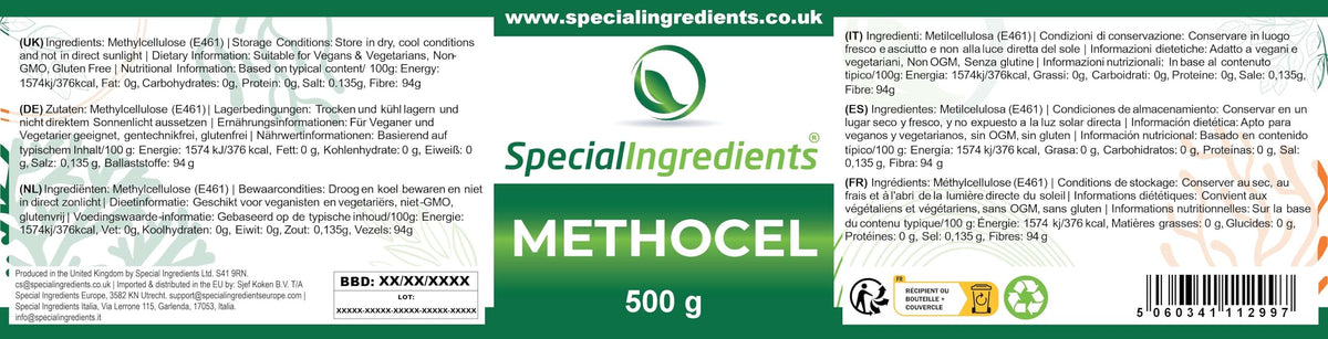 SPECIAL INGREDIENTS Methocel (Methylcellulose) 500g Premium Quality Food Grade, Vegan, Non-GMO, Gluten Free – Recyclable Container