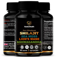 NUETONHEALTH Shilajit, Sea Moss, Lion's Mane, and Ashwagandha Capsules - Comprehensive All-in-One Wellness Supplement for Mind, Body, and Vitality - 60 Vegan Capsules by NuetonHealth UK